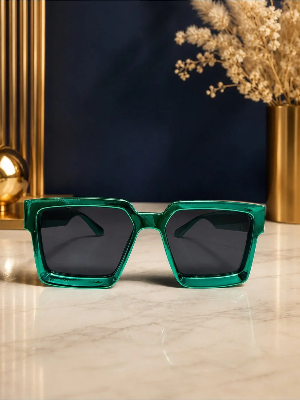 Unisex Emerald Green Square Sunglasses with Gold-Tone Detail